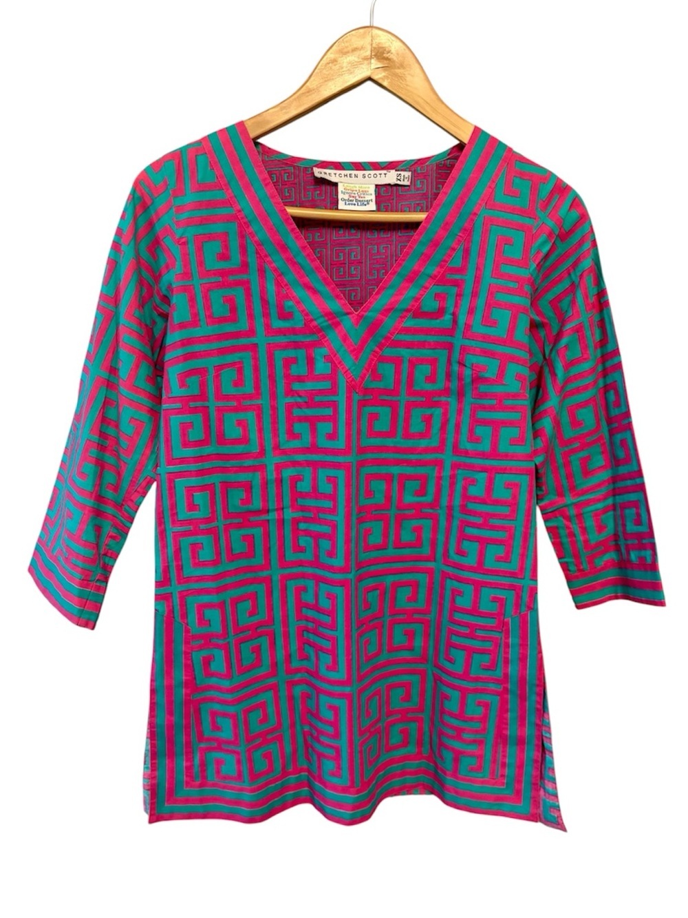 Gretchen Scott Cotton Tunic Top Geometric Print Pink/Teal Women size Extra Small